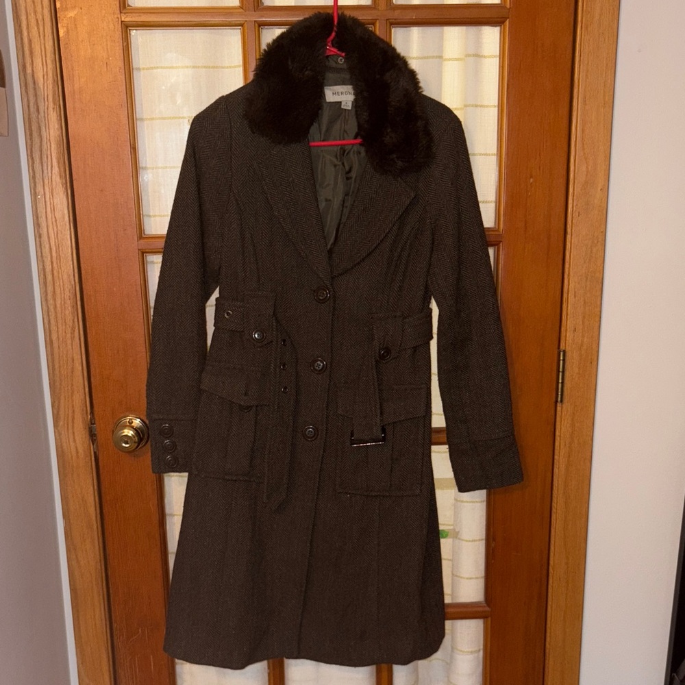 Merona Dark Brown Trench Coat with Black Fur Collar